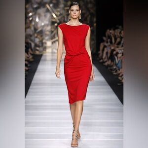 Halston Heritage Vibrant Red Midi Dress – Twist Detail | XS